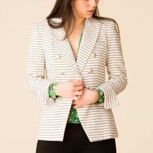 Veronica Beard Cream and Black Striped Tweed Double-Breasted Blazer